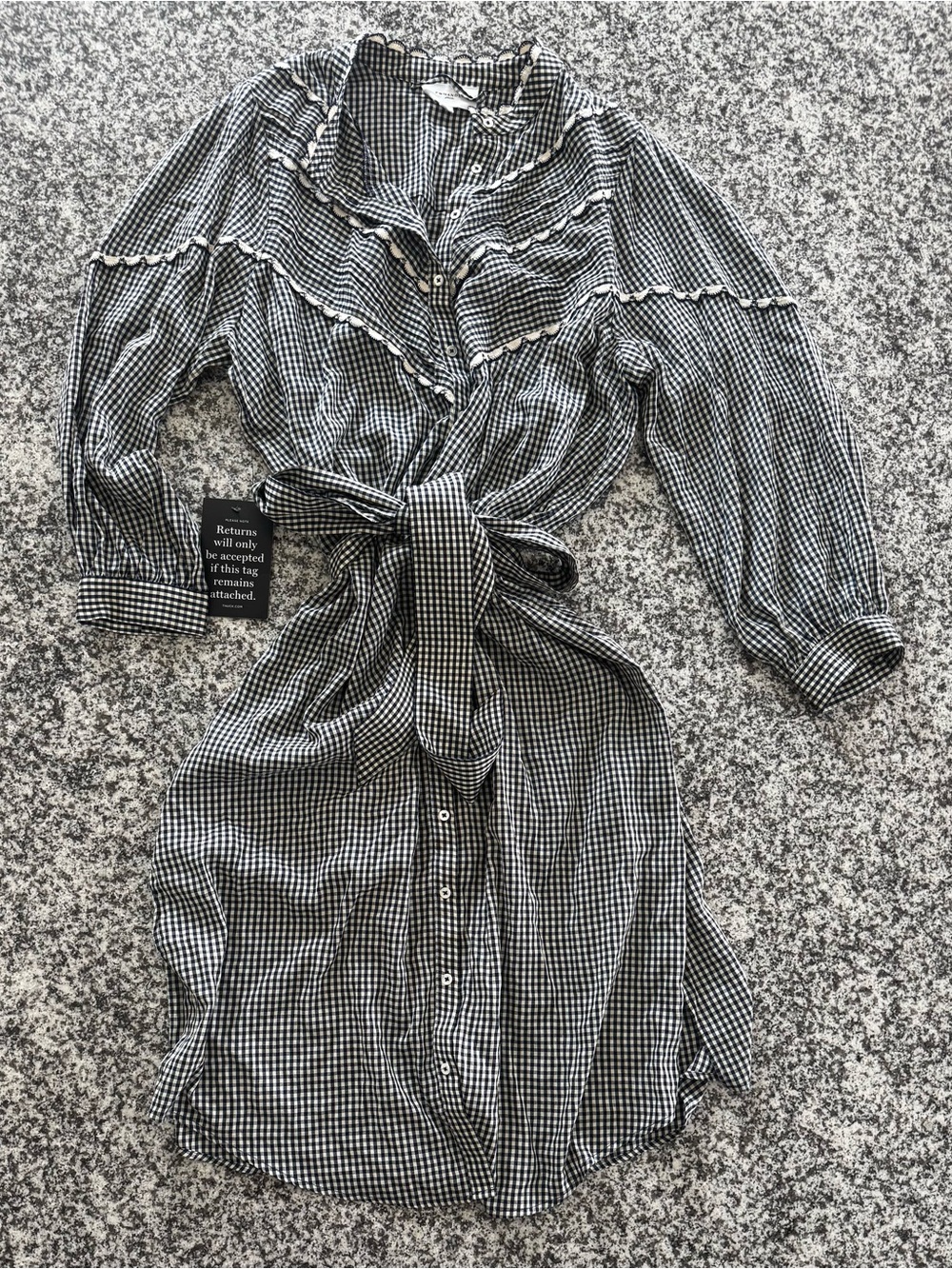 Pomander Place Gingham Tie-Waist Shirt Dress in Black & Cream